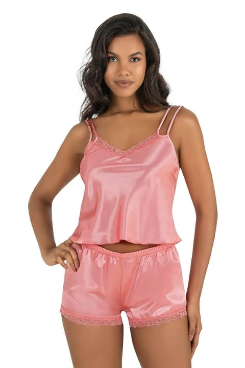 Çift Askılı Leopar Saten Şort Pijama Takımı Ahu 9210 - Pembe