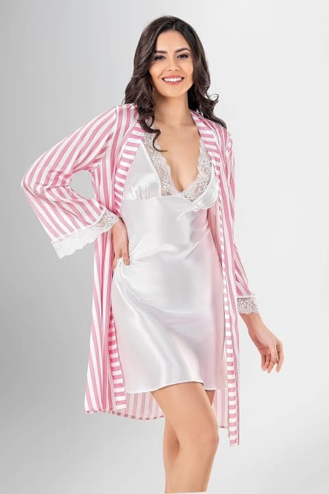Çizgili Dantelli Kadın Gecelik Takımı Ahu 1963