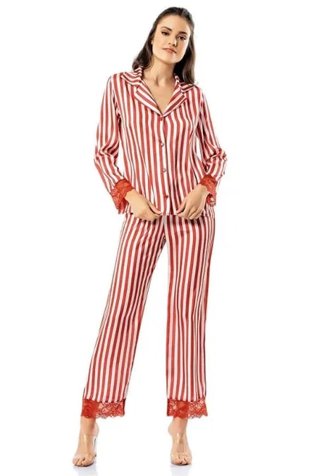 Çizgili Saten İkili Pijama Takımı Kadın Ahu 1740 - Kırmızı