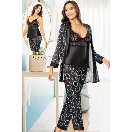 Daire Desenli Dantelli Siyah Saten Pijama Çeyiz Seti XSES 2152 - Siyah