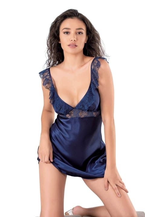 Dantel Askılı Lacivert Saten Gecelik Ahu 8108
