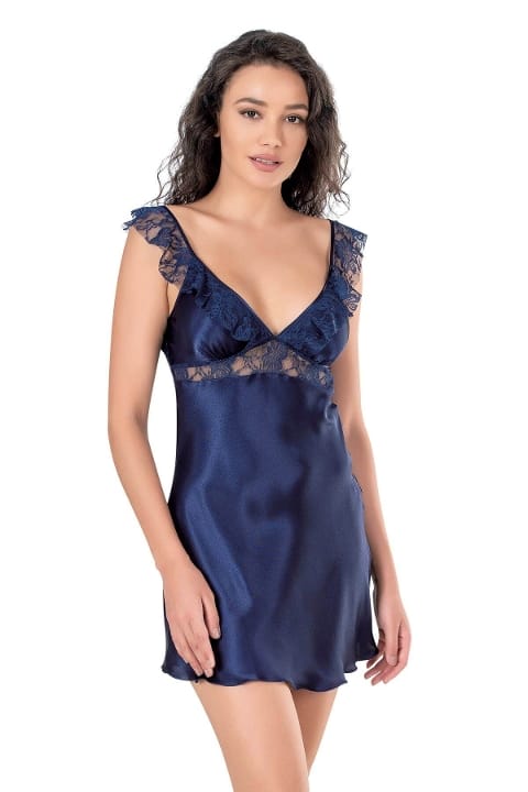 Dantel Askılı Lacivert Saten Gecelik Ahu 8108 - Lacivert