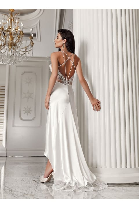 Dantelli Saten Yırtmaçlı Gecelik Takımı İmaj 3206 - Ekru