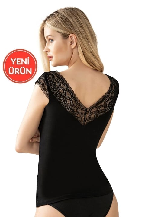 Dantel Sırt Detaylı Esnek V Yaka Kadın Atlet Özkan 26977 - Siyah