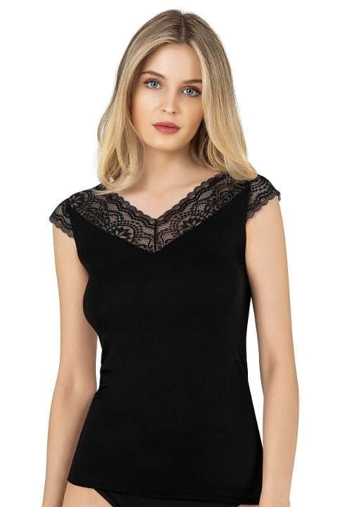 Dantel Sırt Detaylı Esnek V Yaka Kadın Atlet Özkan 26977 - Siyah