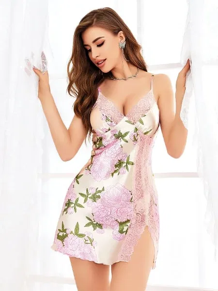 Dantelli Beyaz Çiçekli Saten Body Pink Night 3711 - Beyaz
