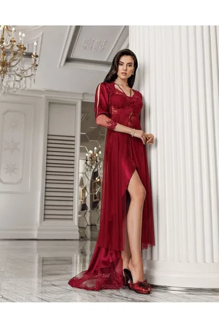 Dantelli Bordo Kuyruklu Saten Gecelik Takımı İmaj 3206 - Bordo