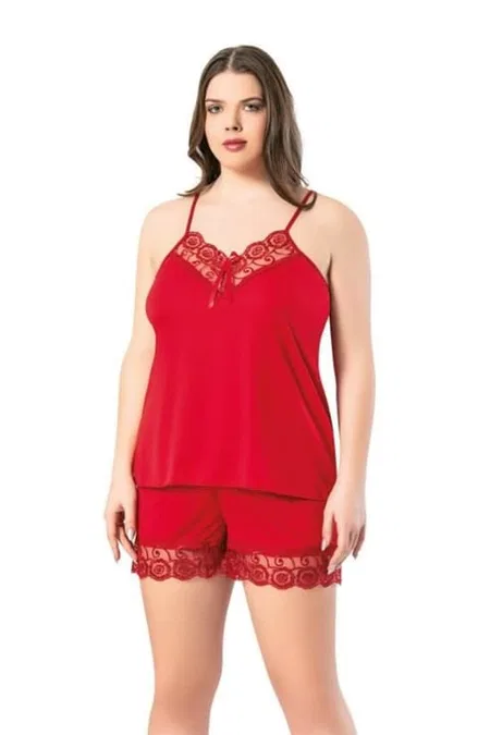 Büyük Beden Dantelli Atlet Şort Pijama Takımı Kota 6209 - Kırmızı