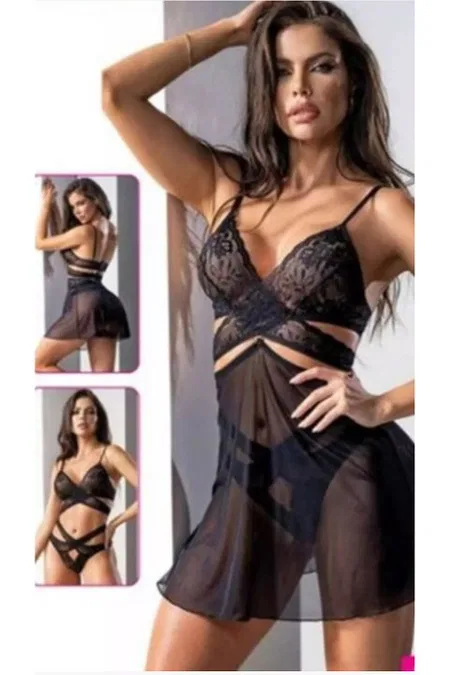 Dantel ve Şifon Detaylı Fantazi Gecelik Takım For Dreams 8469 - Siyah