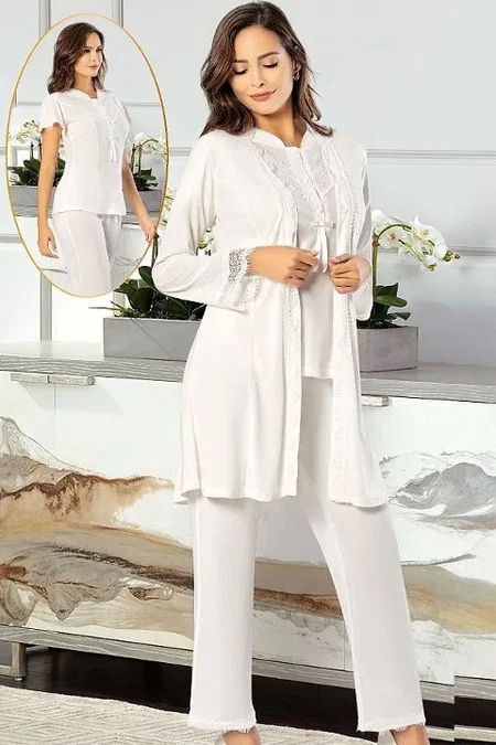 Dantelli Emzirme Açıklığına Sahip Hamile Pijama Takımı XSES 4750 - Ekru