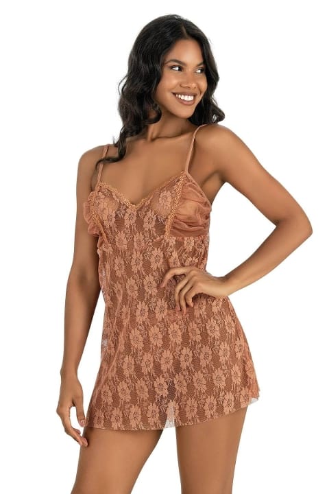 Dantelli Kısa Tül Gecelik Fuşya Ahu 4214 - Kahverengi
