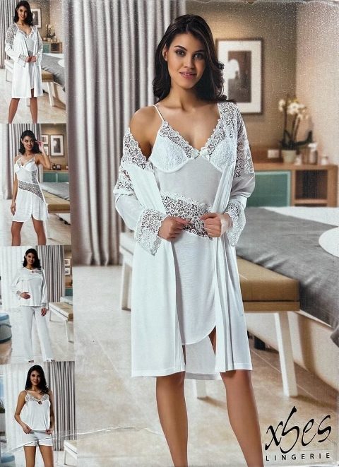 Dantelli ve Penye Sabahlık Şortlu Çeyiz Seti XSES 3008 - Ekru