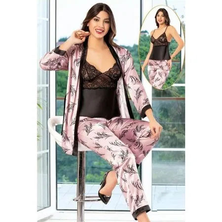Dantelli Saten Leopar Sabahlık Pijama Seti XSES 2150 - Pembe