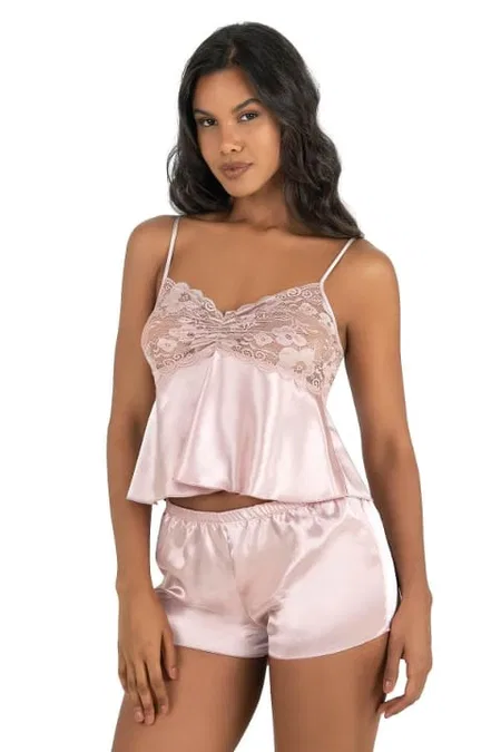 Dantelli Saten Şort Pijama Takımı Ahu 9217 - Pudra