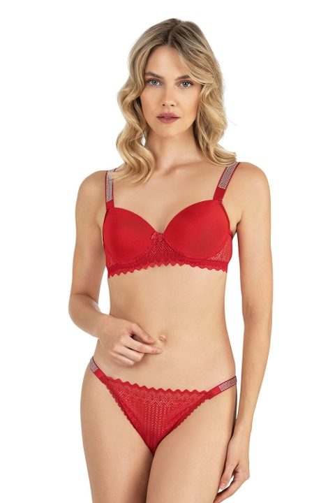 Dantelli Taşlı Destekli Sütyen Takım Fabony 4220 - Kırmızı