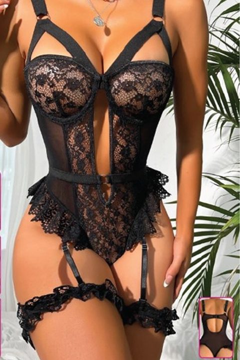 Dantelli Volanlı Jartiyer Takımı Siyah For Dreams 8450 - Siyah