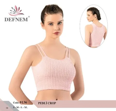 Çift Askılı Örgü Dokulu Pedli Kadın Crop Defnem 8136 - Pembe