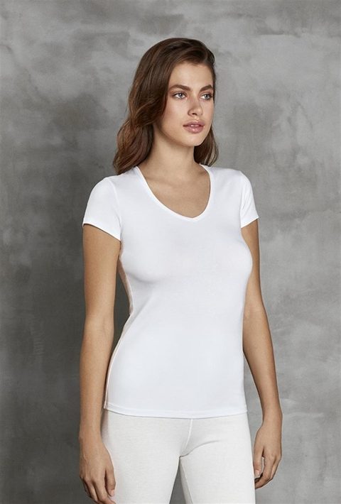 Derin V Yaka Termal T-Shirt Kadın Somon Ten Doreanse 8593 - Ekru