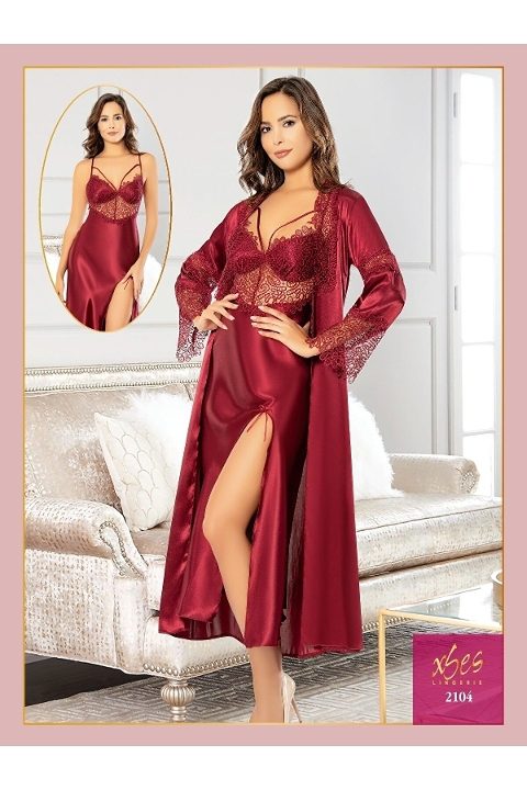 Derin Yırtmaçlı Saten Gecelik Sabahlık Seti XSES 2104