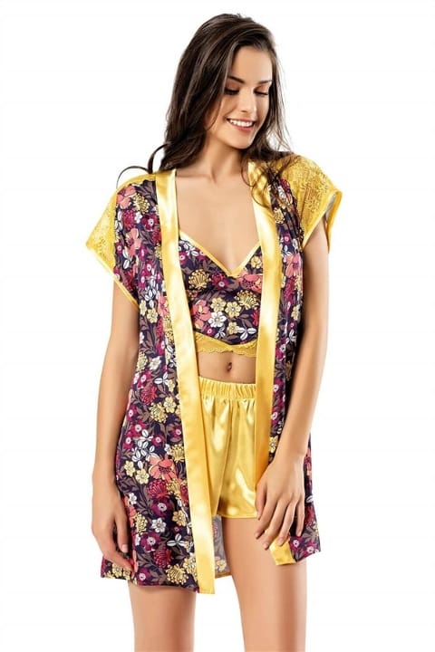 Desenli Saten Babydol Şort Takımı Kadın Pijama Takımı Ahu 1726 - Sarı