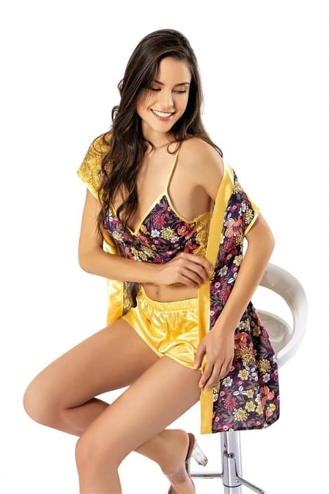 Desenli Saten Babydol Şort Takımı Kadın Pijama Takımı Ahu 1726 - Sarı