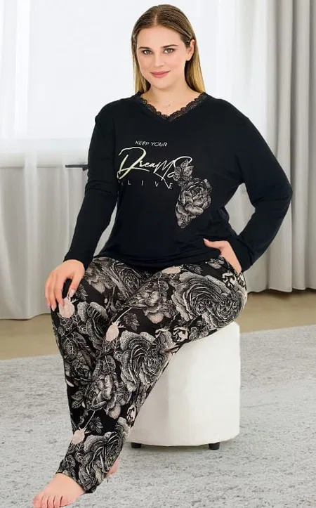 Desenli Büyük Beden Uzun Kollu Pijama Takımı Lady 11381 - Görsel