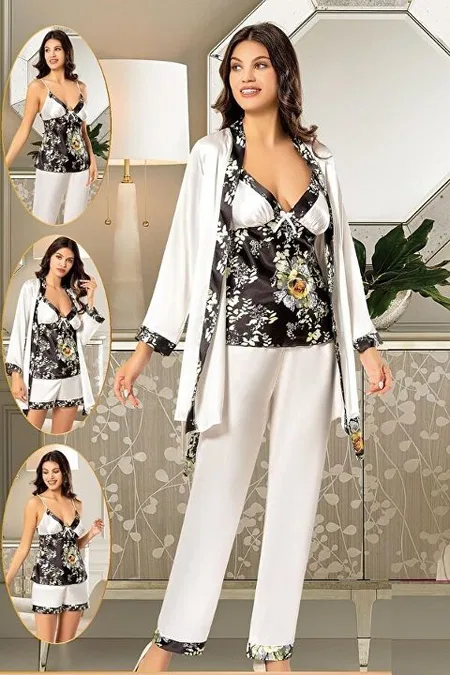 Desenli Saten Sabahlık Pijama Çeyiz Seti XSES 2155 - Siyah