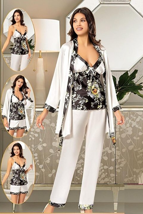 Desenli Saten Sabahlık Pijama Çeyiz Seti XSES 2155