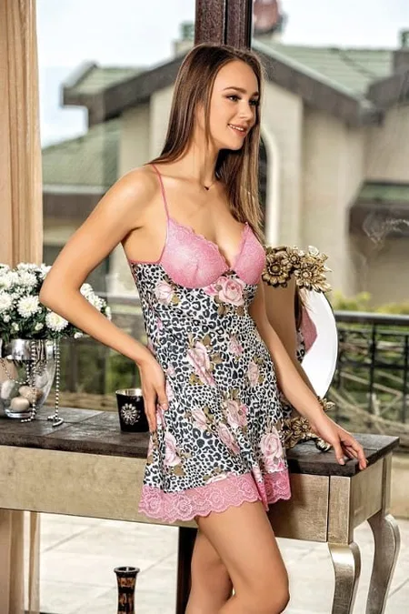 Desenli Leopar Kaplı Kısa Saten Sabahlık Gecelik Takımı Ahu 1654 - Pembe