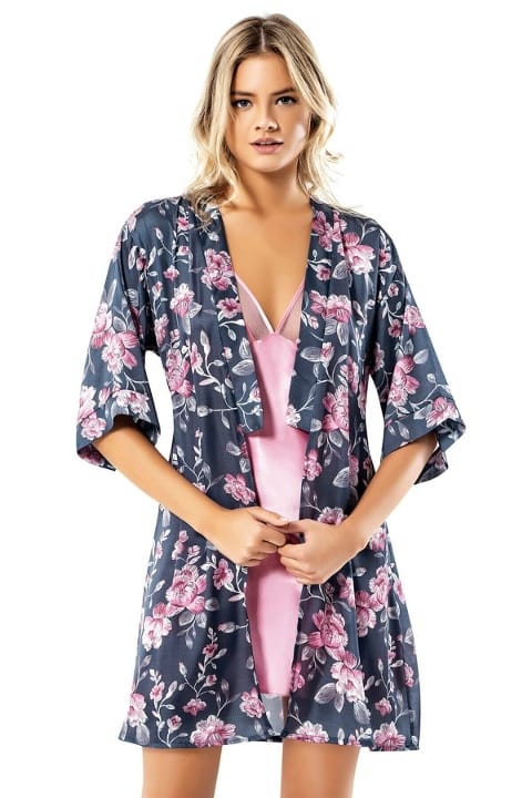 Desenli Pembe Saten Sabahlık Gecelik Takımı Ahu 1708 - 2