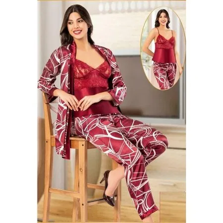 Dijital Desenli Dantelli Saten Pijama Çeyiz Seti XSES 2151 - Bordo