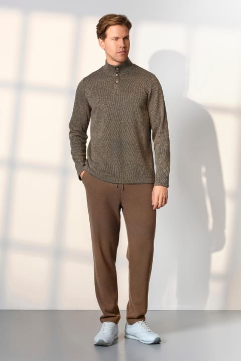 Düğmeli Dik Yaka Kahverengi Erkek T-Shirt Pijama Takımı Doreanse 25K4544