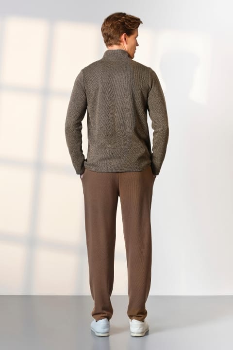 Düğmeli Dik Yaka Kahverengi Erkek T-Shirt Pijama Takımı Doreanse 25K4544 - Kahverengi