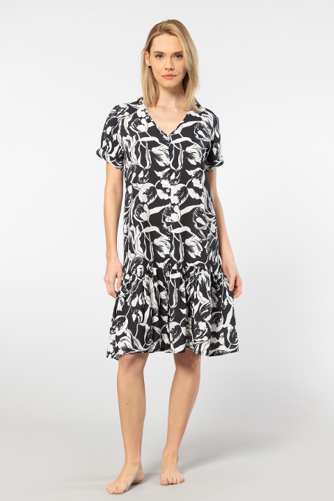 Viskon V Yaka Dokuma Kadın Elbise Türen 3603 - Siyah