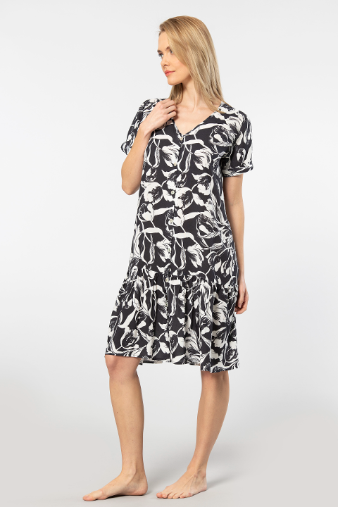 Viskon V Yaka Dokuma Kadın Elbise Türen 3603 - Siyah