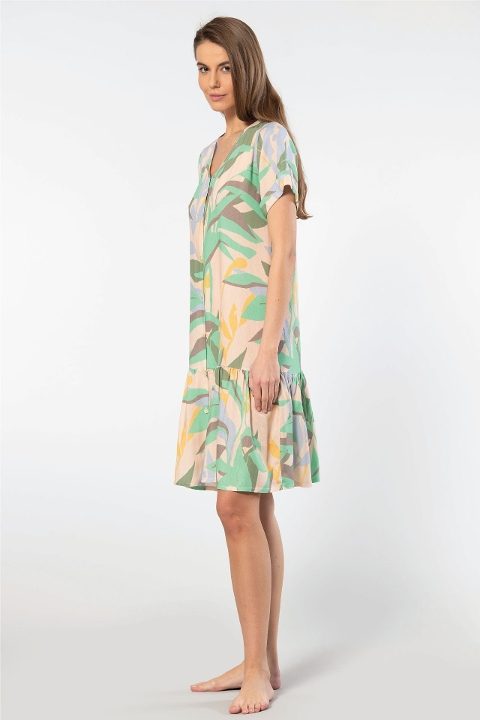 Viskon Dokuma Düğmeli Elbise Türen 3603 - Yeşil