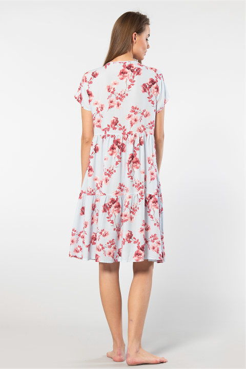 Viskon Kumaşlı Sarı Kısa Kollu Önden Düğmeli Kloş Elbise Türen 3602 - Mavi