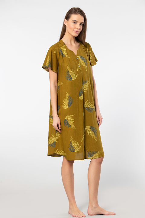 Viskon Kısa Kollu Yaprak Desenli Elbise Türen 3399 - 2