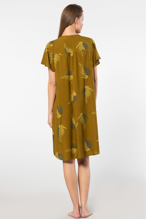 Viskon Kısa Kollu Yaprak Desenli Elbise Türen 3399 - Haki