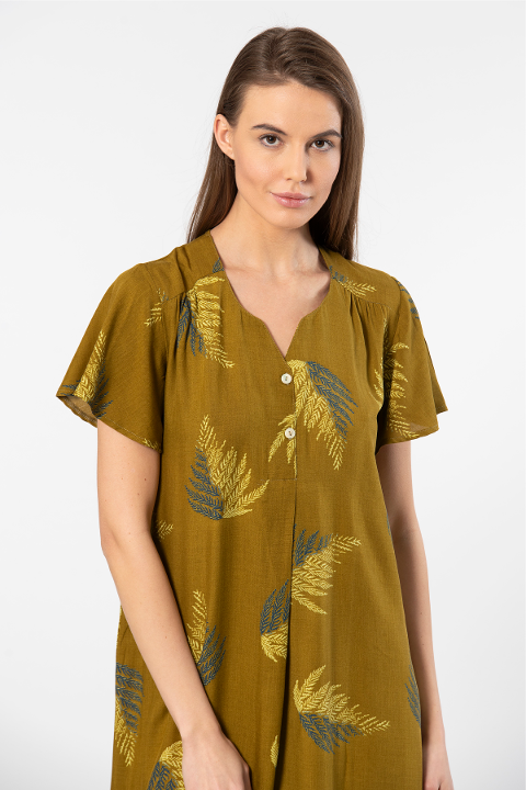 Viskon Kısa Kollu Yaprak Desenli Elbise Türen 3399 - Haki