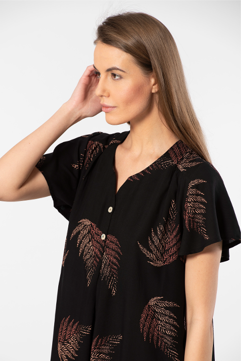 Yaprak Desenli Viskon Dokuma Kadın Elbise Türen 3399 - Siyah