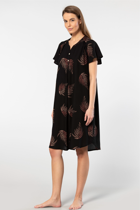 Yaprak Desenli Viskon Dokuma Kadın Elbise Türen 3399 - Siyah