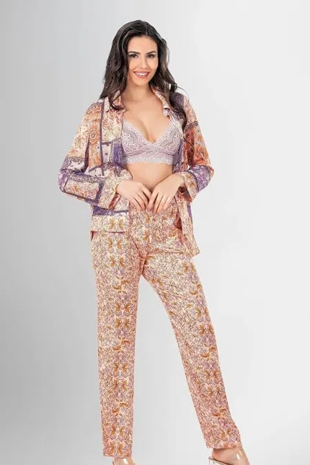 Desenli Düğmeli Kadın Pijama Takımı Ahu 1950 - Turuncu
