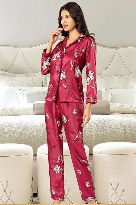 Saten Düğmeli Gömlek Yaka Uzun Kollu Pijama Seti XSES 2000 - Bordo