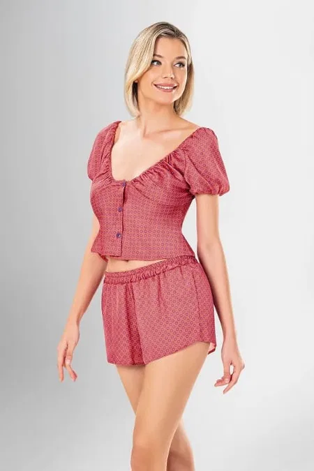 Düğmeli Kısa Kollu Yeşil Şort Pijama Takımı Ahu 1941 - Mor