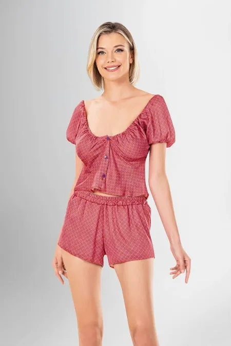 Düğmeli Kısa Kollu Yeşil Şort Pijama Takımı Ahu 1941 - Mor