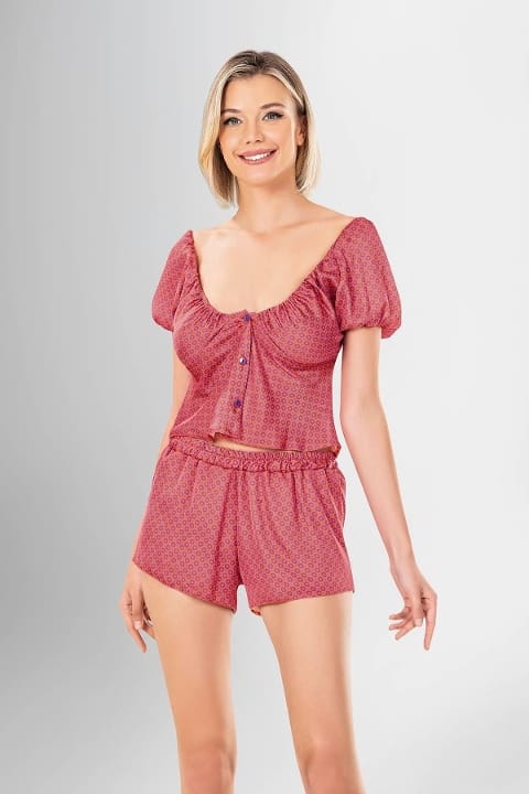 Düğmeli Kısa Kollu Yeşil Şort Pijama Takımı Ahu 1941 - Mor