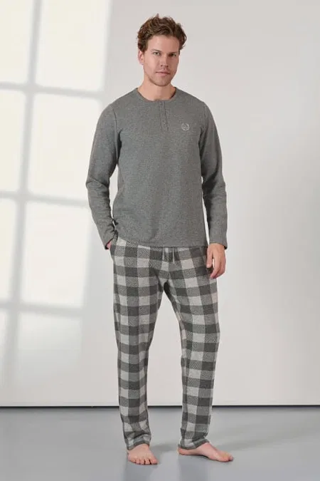 Düğmeli Yaka Kareli Erkek Pijama Takımı Doreanse 25K4536 - Gri