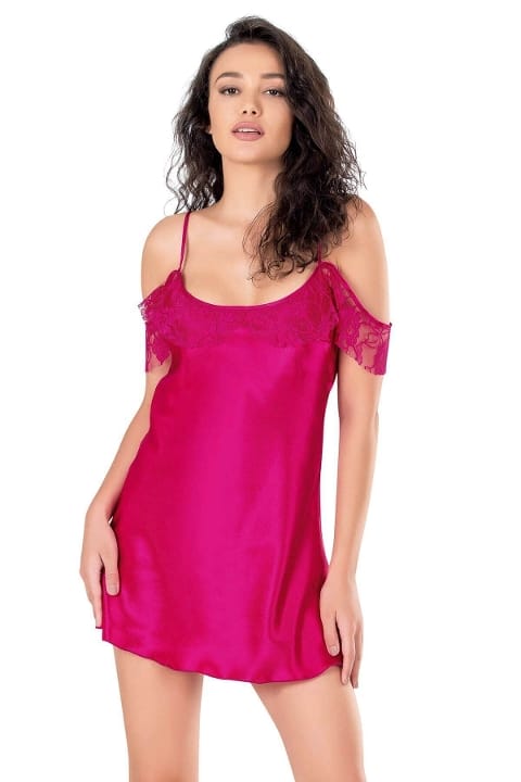 Saten Düşük Omuz Kısa Gecelik Lacivert Ahu 8140 - Fuşya