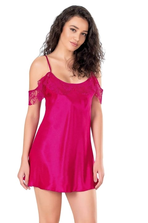 Saten Düşük Omuz Kısa Gecelik Lacivert Ahu 8140 - 2